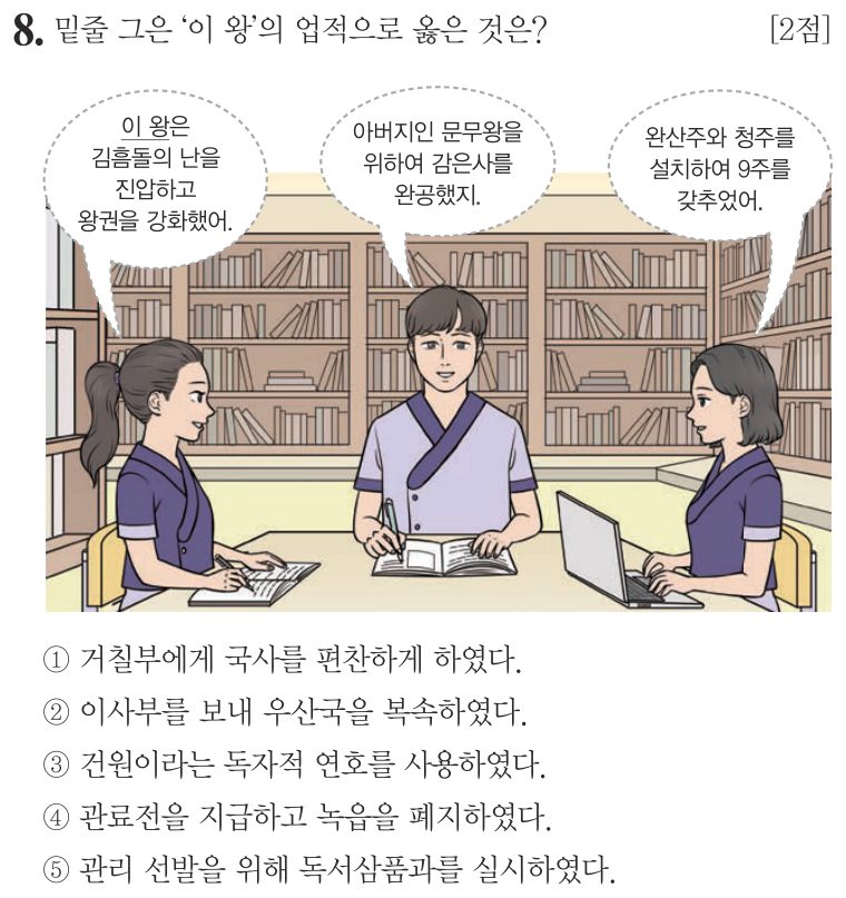 8번 문항: 밑줄 그은 '이 왕'의 업적으로 옳은 것은?