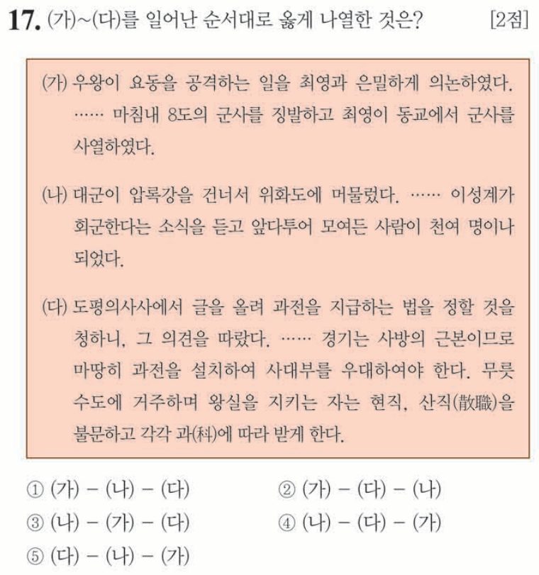 17번 문항: (가)~(다)를 일어난 순서대로 옳게 나열한 것은?
