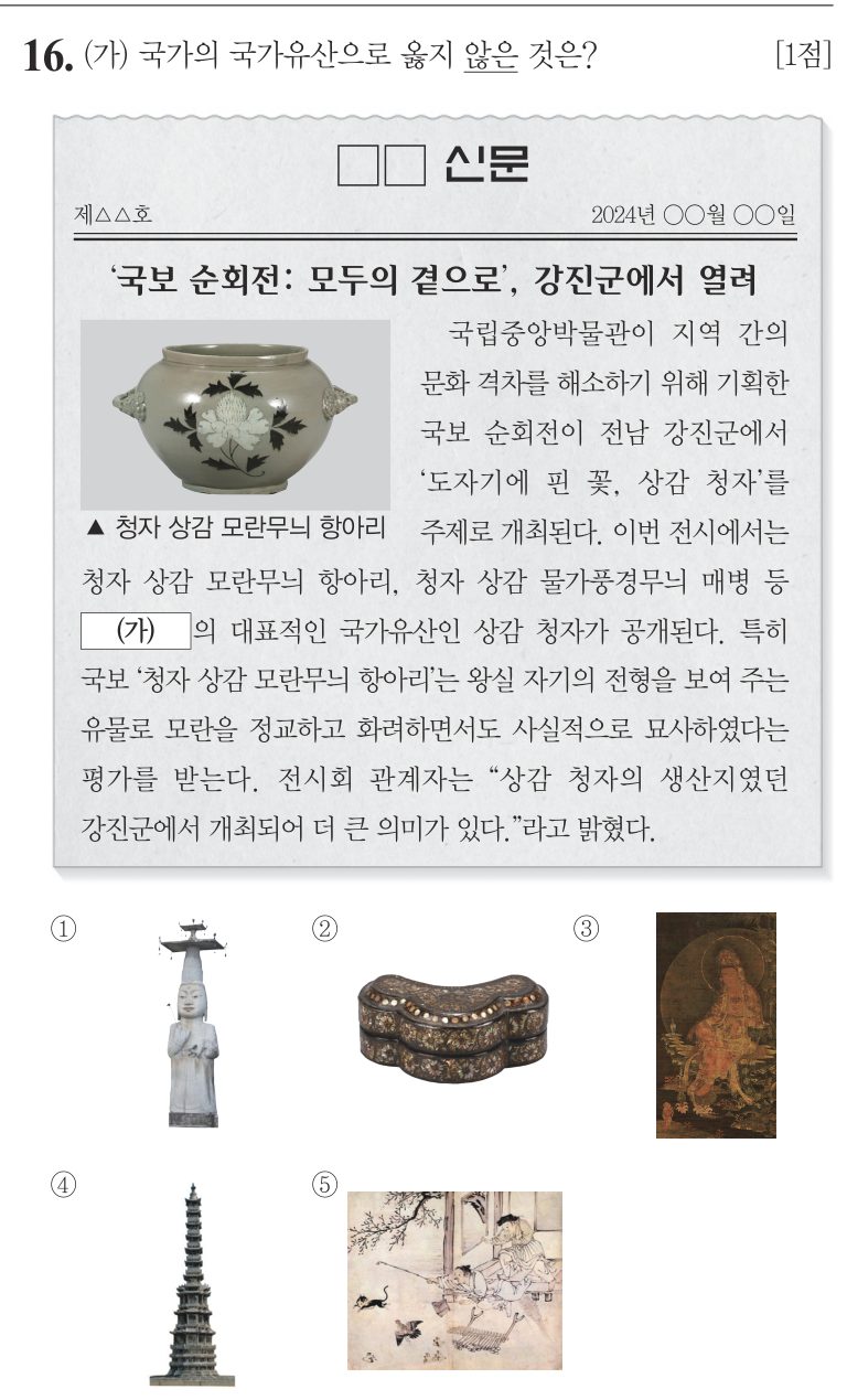 16번 문항: (가) 국가의 국가유산으로 옳지 않은 것은?