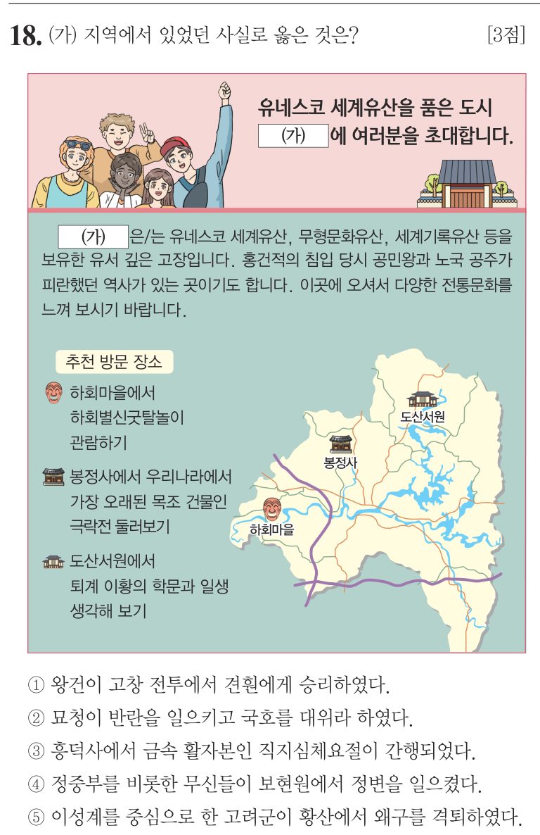 18번 문항: (가) 지역에서 있었던 사실로 옳은 것은?
