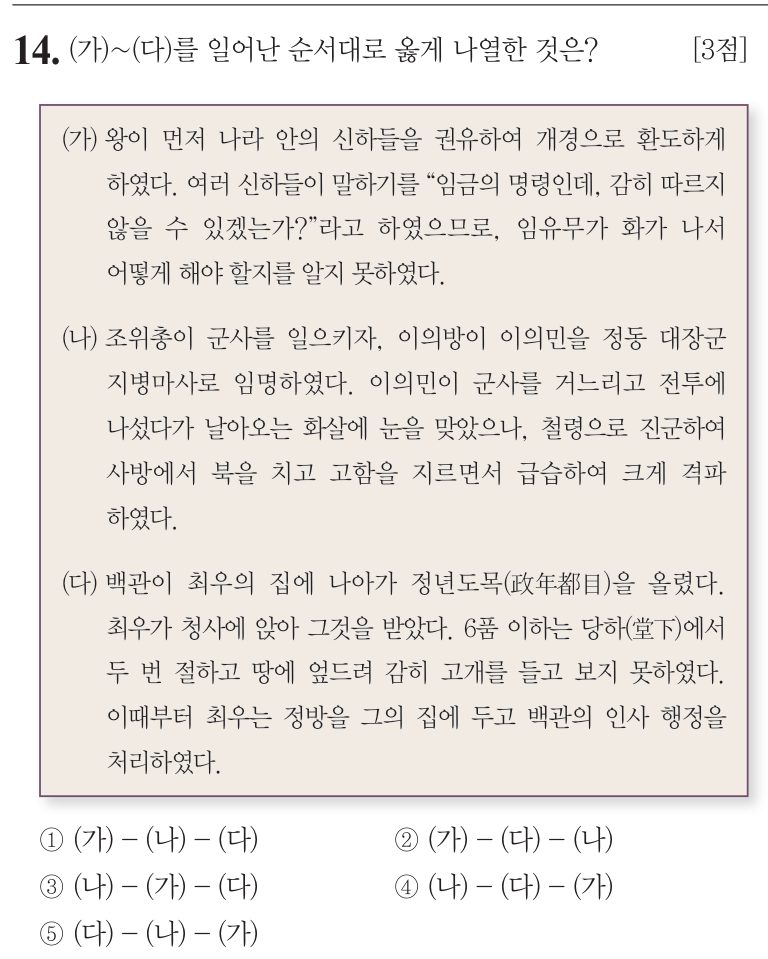 14번 문항: (가)~(다)를 일어난 순서대로 옳게 나열한 것은?