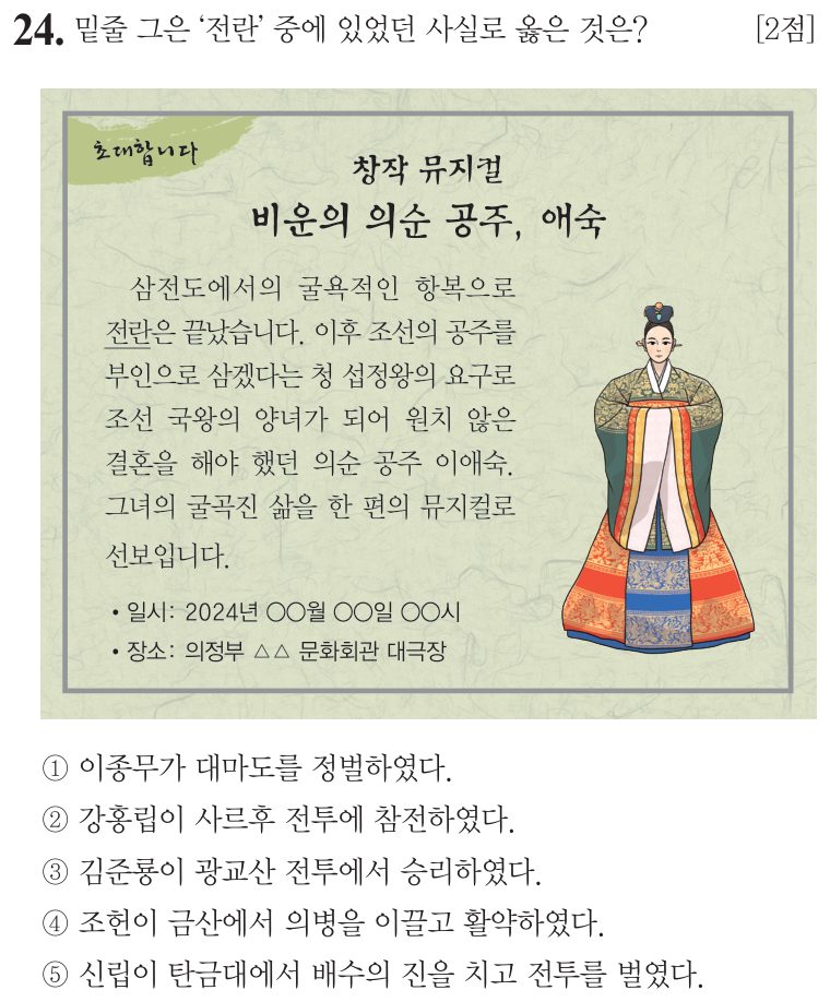 24번 문항: 밑줄 그은 ‘전란’ 중에 있었던 사실로 옳은 것은?