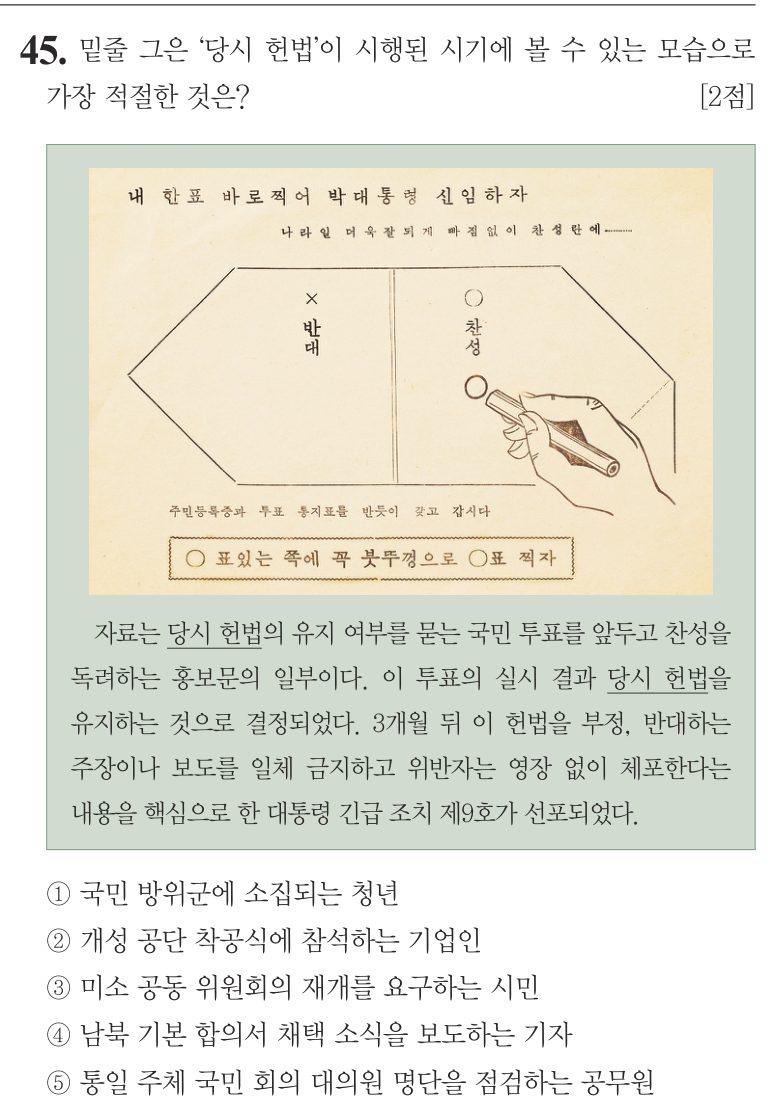 45번 문항: 밑줄 그은 ‘당시 헌법’이 시행된 시기에 볼 수 있는 모습으로 가장 적절한 것은?