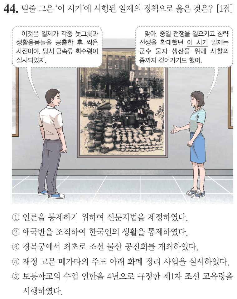 44번 문항: 밑줄 그은 ‘이 시기’에 시행된 일제의 정책으로 옳은 것은?