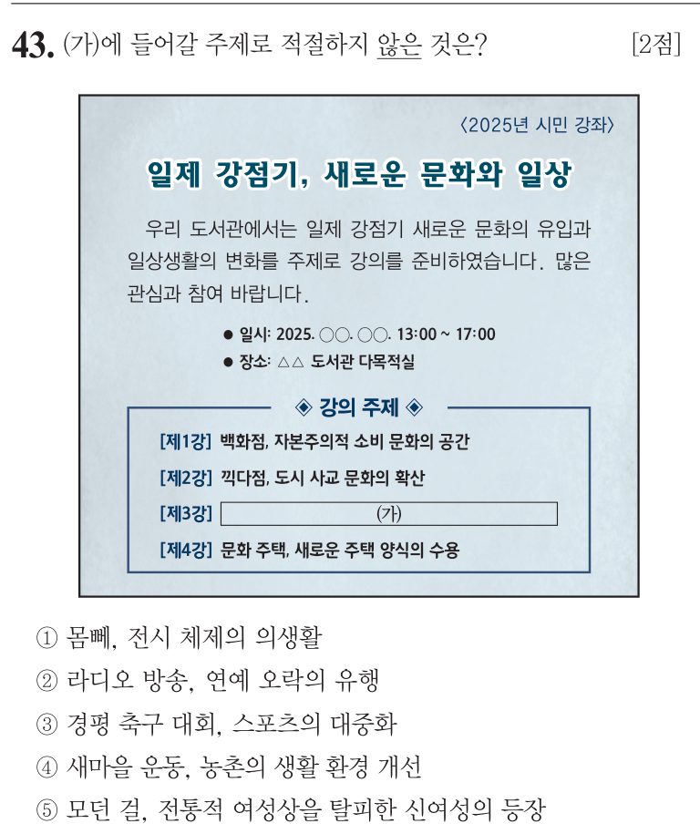 43번 문항: (가)에 들어갈 주제로 적절하지 않은 것은?