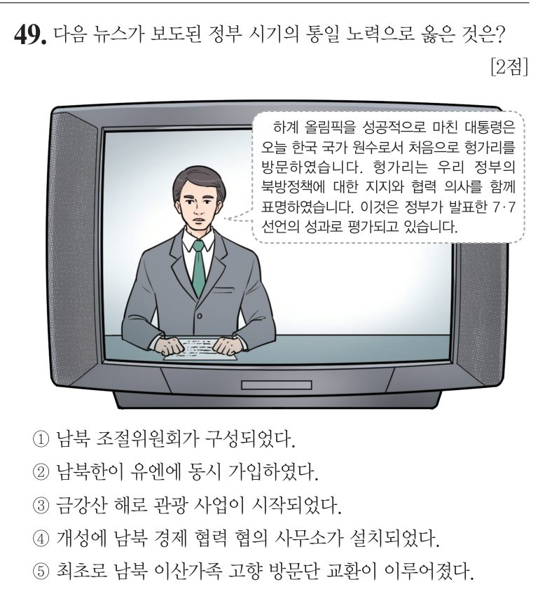 49번 문항: 다음 뉴스가 보도된 정부 시기의 통일 노력으로 옳은 것은?