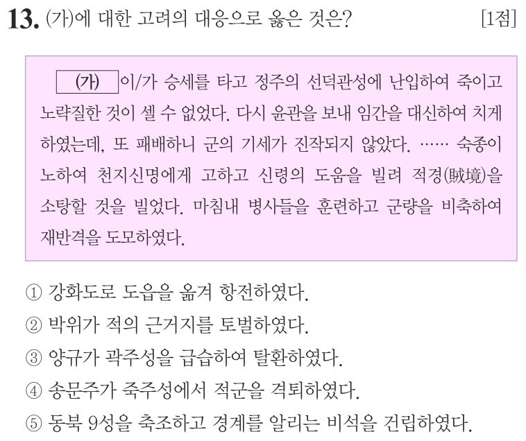 13번 문항: (가)에 대한 고려의 대응으로 옳은 것은?