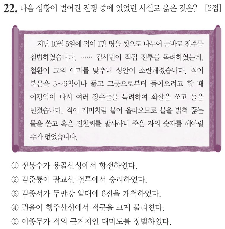 22번 문항: 다음 상황이 벌어진 전쟁 중에 있었던 사실로 옳은 것은?