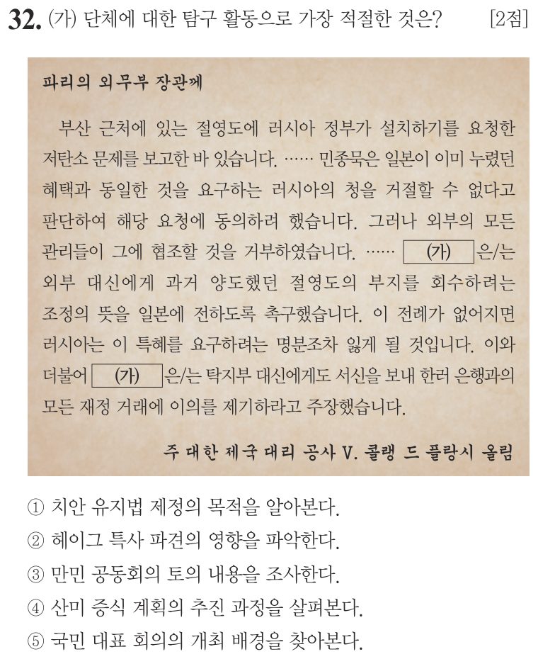 32번 문항: (가) 단체에 대한 탐구 활동으로 가장 적절한 것은?