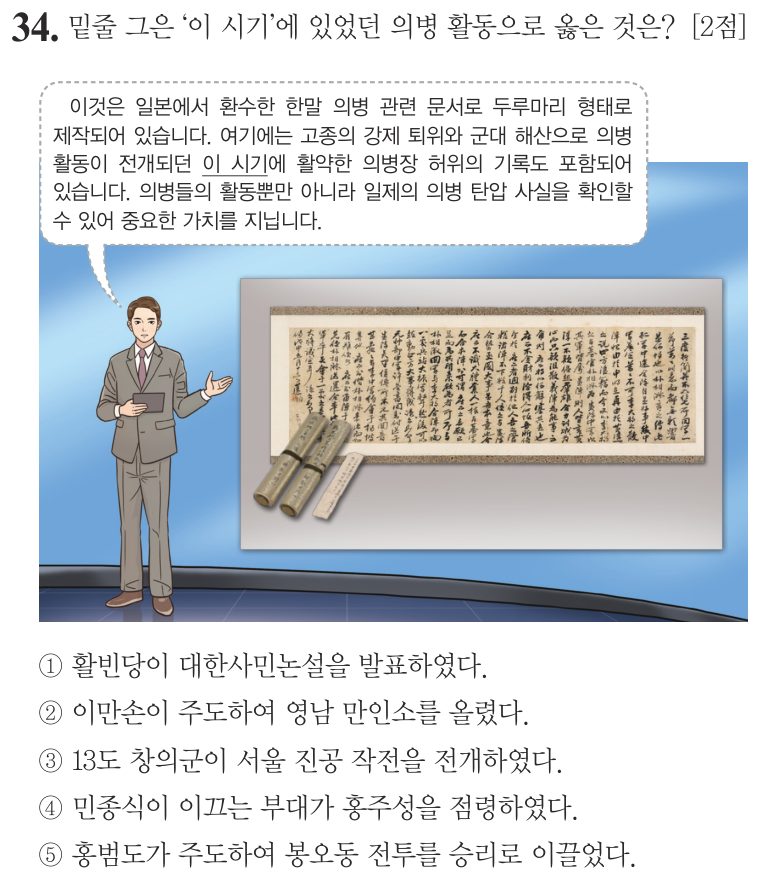 34번 문항: 밑줄 그은 ‘이 시기’에 있었던 의병 활동으로 옳은 것은?